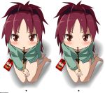  animated animated_gif bare_legs barefoot blinking blush food kneeling kuro_chairo_no_neko looking_at_viewer looking_up mahou_shoujo_madoka_magica mouth_hold pocky pocky_kiss red_eyes red_hair redhead sakura_kyouko shared_food shorts simple_background solo stereogram 