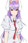 absurdres animal_ears bunny_ears colored highres light_smile long_hair looking_at_viewer minato18 necktie puffy_sleeves purple_hair red_eyes reisen_udongein_inaba shirt short_sleeves smile solo touhou white_background white_shirt 