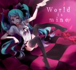  aqua_hair bad_id bracelet checkered checkered_floor english hand_holding hatsune_miku holding_hands jewelry long_hair okayui sitting thigh-highs thighhighs twintails very_long_hair vocaloid world_is_mine_(vocaloid) 