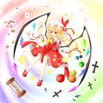  apple ascot blonde_hair card cookie cross flandre_scarlet flow flower food fruit hat highres hourglass kuroyume_(dark495) mary_janes petals playing_card red_eyes ribbon shoes side_ponytail skirt skirt_set solo star the_embodiment_of_scarlet_devil touhou wings 