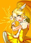  bike_shorts cure_peace double_v electricity frills hair_ornament highres kise_yayoi lightning long_hair magical_girl nagikaneri open_mouth ponytail precure simple_background smile_precure! tears v wrist_cuffs yellow yellow_background 