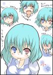  :o :p :t anger_vein blue_eyes blue_hair blush bust character_name expressions fang hair_over_eyes hand_on_own_chest heterochromia kotaka looking_at_viewer open_mouth pout red_eyes short_hair smile tatara_kogasa tears tongue touhou translated urameshiya 