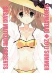  2011 bikini breasts brown_eyes brown_hair cleavage copyright_request cover cover_page dress_shirt hat highres sasaki_mutsumi shirt swimsuit 