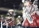  battle breath brown_hair clenched_teeth frozen hakama hat ice innertube japanese_clothes kirio_(ccr00235) mecha_musume military multiple_girls night ocean oekaki original sailor_hat ship short_hair torpedo water 