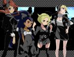  alternate_costume alternate_hairstyle bad_id bel_(pokemon) belt black black_dress black_legwear blonde_hair blue_eyes blue_hair blush breasts brown_eyes checkered checkered_background cleavage dark_skin dress formal fuuro_(pokemon) green_eyes gym_leader hair_bow hat hat_removed headphones iris_(pokemon) kamitsure_(pokemon) large_breasts long_hair multiple_girls navel no_hat no_headwear open_mouth pant_suit pantyhose pokemon pokemon_(game) pokemon_bw ponytail purple_hair red_eyes red_hair redhead scarf short_hair side_ponytail skirt small_breasts smile smirk suit thigh-highs thighhighs toru_k very_long_hair 