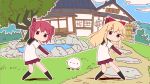  akaza_akari ayasaka blonde_hair dancing double_bun hair_ribbon kill_me_baby kill_me_dance long_hair multiple_girls parody red_hair redhead ribbon school_uniform toshinou_kyouko tree yuru_yuri 