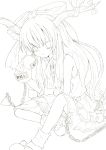  absurdres bare_shoulders bow chain chains footwear gourd hair_bow highres horns ibuki_suika lineart long_hair monochrome sitting socks solo torn_clothes touhou violette_croix 