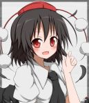  arm_up black_hair black_wings blush feathers hat hat_ribbon jewelry karamone-ze karamoneeze necklace open_mouth pom_pom_(clothes) red_eyes ribbon shameimaru_aya shameimaru_aya_(crow) shirt short_hair smile smilr solo tokin_hat touhou when_you_see_it wings 