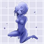  blue_eyes blue_hair blue_skin breasts goo_girl incubus_fantasy kotaka monster_girl no_nipples short_hair sitting slime slime_girl slimegirl smile solo wariza 