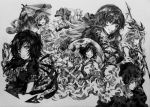  6+girls anchor animal_ears asymmetrical_wings belt bow chain chains dowsing_rod flower graphite_(medium) grin hair_ornament hat highres hijiri_byakuren hood houjuu_nue kumoi_ichirin long_hair monochrome mouse_ears multiple_girls murasa_minamitsu nazrin neko_(yanshoujie) polearm sailor sailor_hat short_hair smile spear tatara_kogasa tongue toramaru_shou touhou traditional_media umbrella undefined_fantastic_object unzan weapon wings 