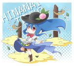  apron blue_hair blush boots bow character_name chibi cloud food fruit hair_ornament hat hinanawi_tenshi kagetsu_hana leaf long_hair looking_at_viewer obi outstretched_arms peach red_eyes shimenawa skirt solo standing touhou 