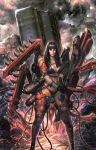  armor bikini black_hair blue_eyes breasts cable cloud copyright_request explosion kilart lightning lips machinery machninery shoulder_pads solo swimsuit weapon wire 