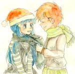  artist_request blue_hair closed_eyes hair_ornament hairclip hat hikari_(pokemon) multiple_girls nozomi_(pokemon) orange_hair pokemon pokemon_(anime) santa_hat scarf simple_background skirt source_request v_arms white_background yuri 