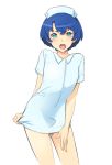  1girl ano_natsu_de_matteru aqua_eyes blue_hair blush dress embarrassed hat kick-to-rip looking_at_viewer nurse open_mouth solo tanigawa_kanna tears 