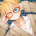  ahoge blonde_hair blue_eyes checkered checkered_background dutch_angle fang glasses hand_on_glasses kagamine_len maclo male red-framed_glasses short_hair solo sweater v-neck vocaloid 