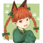  animal_ears bow braid bust cat_ears extra_ears fang hair_bow kaenbyou_rin kahasina kawashina_(momen_silicon) looking_at_viewer paw_print pointy_ears red_eyes red_hair redhead smile solo touhou twin_braids 