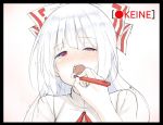  blush bow brushing_teeth bust face fujiwara_no_mokou hair_bow hands hiroya_juuren long_hair monogatari_(series) nisemonogatari open_mouth parody pov red_eyes solo tears toothbrush touhou white_hair wince 