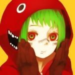  green_hair gumi hands hoodie lemontea matryoshka_(vocaloid) mouth multicolored_eyes simple_background solo vocaloid yellow_background zipper 
