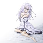  alternate_costume barefoot breasts cleavage full_body hair_ornament highres ice jewelry letty_whiterock long_hair miyupon necklace no_hat no_headwear off_shoulder purple_eyes snow solo touhou violet_eyes white_hair yuki_onna 
