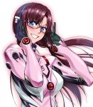  blue_eyes bodysuit breasts brown_hair glasses grin long_hair makinami_mari_illustrious neon_genesis_evangelion noraneko_koubou nyamota_(noraneko_koubou) plugsuit rebuild_of_evangelion smile solo 