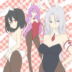  animal_ears armband bare_shoulders black_hair black_legwear blue_eyes breasts brown_legwear bunny_ears bunny_girl bunny_tail bunnysuit checkered checkered_background cigarette cleavage flat_color hiroya_juuren inaba_tewi large_breasts lavender_hair legs long_hair looking_at_viewer multiple_girls pantyhose purple_hair red_eyes reisen_udongein_inaba seductive_smile short_hair silver_hair smile tail tareme touhou tsurime very_long_hair yagokoro_eirin 