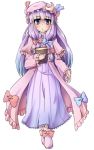  bad_id blush book bow crescent dress hair_bow hat hat_ribbon highres holding holding_book long_hair patchouli_knowledge purple_eyes purple_hair ribbon satoutakahumi solo touhou transparent_background vertical_stripes violet_eyes walking 