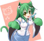  animal_ears blush cat_ears cat_paw cat_tail detached_sleeves frog frog_hair_ornament green_hair hair_ornament hair_tubes ichimi kemonomimi_mode kochiya_sanae long_hair open_mouth smile snake solo tail touhou yellow_eyes 