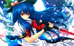  blue_hair bow chain chains food fruit hat highres hinanawi_tenshi long_hair nekominase peach red_eyes solo sword_of_hisou touhou 
