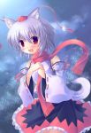  animal_ears aosora blue_sky blush cloud detached_sleeves hands_on_own_chest hat highres inubashiri_momiji long_sleeves looking_at_viewer open_mouth pom_pom_(clothes) red_eyes scarf short_hair skirt sky solo tail tokin_hat touhou vest white_hair wide_sleeves wolf_ears wolf_tail 