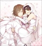  1girl brown_hair carrying closed_eyes couple dress elbow_gloves eyepatch eyes_closed flower formal gloves happy long_hair mirai_nikki necktie nishijima_masumi open_mouth princess_carry purple_hair simple_background smile suit toruglose uryuu_minene veil watermark web_address wedding_dress white_background 