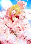  blonde_hair blue_sky bow capelet cherry_blossoms dress hakoremi hat lily_white open_mouth petals pink_dress pink_eyes sky smile solo touhou twig v_arms wings 