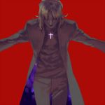  cassock cross fate/stay_night fate_(series) hair_over_eyes kotomine_kirei long_coat male muted_color outstretched_arms sanbonzakura simple_background smile solo 