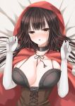  blush breasts brown_hair bustier choker cleavage cloak collarbone cosplay gloves hiroharu hood large_breasts little_red_riding_hood little_red_riding_hood_(cosplay) little_red_riding_hood_(grimm) long_hair lying on_back open_mouth original parted_lips skindentation solo tears unaligned_breasts white_gloves 