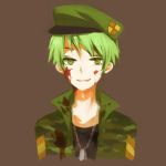  bad_id beret blood blood-stained_clothes blood_on_face bloody_clothes brown_background camouflage dog_tags flippy green_eyes green_hair grin happy_tree_friends hat lemontea male simple_background smile solo uniform 