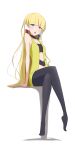  bare_shoulders black_legwear blonde_hair blue_eyes crossed_legs highres kamitsure_(pokemon) legs_crossed long_hair open_mouth pantyhose pokemon pokemon_(game) pokemon_bw sakuragawa_mionoketsu sititng sitting very_long_hair 