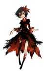  :d absurdres aki_shizuha alternate_color alternate_hair_color black_hair black_sclera blood blood_on_face dress highres leaf looking_at_viewer no_shoes open_mouth red_eyes shigureru simple_background smile solo touhou white_background 