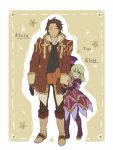  1girl alvin_(tales_of_xillia) blonde_hair brown_hair doll elise_lutus fujisaki_(pixiv729262) gloves height_difference no_nose scarf sepia_background tales_of_(series) tales_of_xillia tipo_(xillia) 