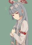  :t anger_vein annoyed bow buckle fujiwara_no_mokou green_background hair_bow hair_grab hime_cut long_hair p_no_hito pout red_eyes silver_hair simple_background solo standing touhou 