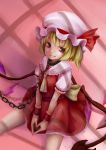  absurdres ascot blonde_hair chain chains collar flandre_scarlet hat heart heart_hands highres iorlvm on_floor short_hair sitting skirt skirt_set smile solo the_embodiment_of_scarlet_devil touhou wings wrist_cuffs 