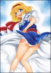  alice_margatroid ass back blonde_hair blue_eyes breasts capelet dress dress_lift hairband kneepits looking_back no_panties open_mouth short_hair smile solo touhou traditional_media yadokari_genpachirou 