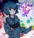  1girl alternate_costume blue_eyes blue_hair flower heterochromia japanese_clothes karakasa_obake kimono obi red_eyes short_hair solo tatara_kogasa touhou umbrella uranaishi_(miraura) yukata 