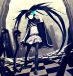  black_hair black_rock_shooter black_rock_shooter:_innocent_soul black_rock_shooter_(character) blue_eyes boots checkered glowing glowing_eyes highres infinote long_hair looking_at_viewer nail_polish ron_(black_rock_shooter) snake thigh-highs thigh_boots thighhighs twintails zettai_ryouiki 