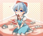  blue_eyes blue_hair bow cirno hair_bow heart mouth_hold panties panties_removed pikojirokurao ribbon sitting socks_removed solo striped striped_panties tissue tissue_box touhou underwear v_arms wariza 