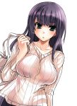  bag black_hair breasts green_eyes highres holding large_breasts long_hair original parted_lips purple_hair ribbed_sweater shoulder_bag simple_background solo sweater tokita_monta white_background 