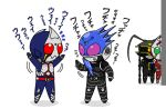  actor_allusion amano_kousei antennae arms_up belt kamen_rider kamen_rider_blade kamen_rider_blade_(series) kamen_rider_fourze_(series) kamen_rider_garren kamen_rider_meteor libra_zodiarts multiple_boys peeking_out redol staff translated translation_request 
