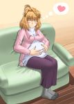  1girl arcueid_brunestud blonde_hair blush breasts buuboo closed_eyes couch eyes_closed happy heart nail_polish pregnant sitting solo tsukihime type-moon 