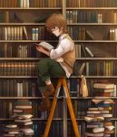  blue_eyes book bookshelf boots brown_hair duster glasses harukaze holding holding_book ladder male open_book original reading sitting solo too_many_books 