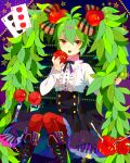  apple boots food food_as_clothes fork fruit green_hair hatsune_miku knee_boots leaf long_hair open_mouth orange_eyes pantyhose sanae_(artist) sitting solo twintails very_long_hair vocaloid 