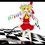  ascot blonde_hair checkered checkered_floor fang flandre_scarlet hair_ribbon hat hatsuka_(exsilver) laevatein red_eyes ribbon shadow short_hair side_ponytail skirt skirt_set solo the_embodiment_of_scarlet_devil touhou wings wrist_cuffs 