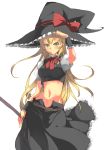  absurdres alternate_costume blonde_hair blush bow crop_top hat highres kirisame_marisa long_hair looking_at_viewer midriff navel simple_background skirt smile solo touhou very_long_hair white_background witch witch_hat yellow_eyes zhu_fun 